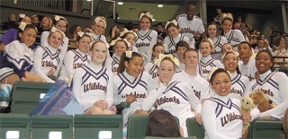 Oak Harbor cheerleaders and teddy bears celebrate the Wildcats’ second-place finish at Saturday’s state championships in Everett. Oak Harbor scored 229 points