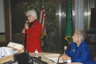 State Sen. Mary Margaret Haugen and Linda Haddon square off  during Tuesday’s candidate forum sponsored by the League of Women Voters at the Oak Harbor School District administration Building.