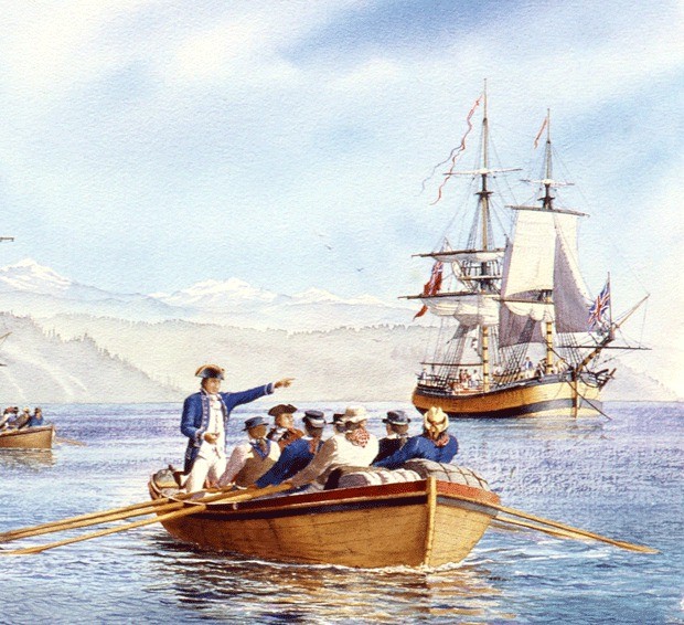 An artist’s rendering depicts the HMS Discovery and HMS Chatham somewhere in Puget Sound. A group of history hunters believe they have located a lost anchor from the Chatham.