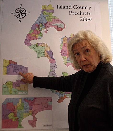 Island County Auditor Sheilah Crider describes possible new commissioner boundaries Monday. Tenth District Legislative and Second District Congressional boundaries may also change due to the 2010 census results.