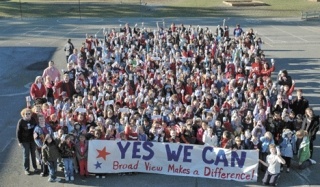 Students at Broad View Elementary stand for a school-wide photo