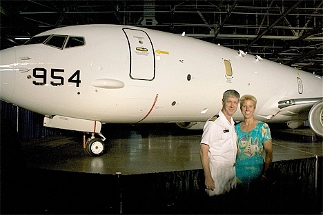 Naval Air Station Whidbey Island Commanding Officer Captain Gerral David and his wife Ann at the unveiling of the P-8A Poseidon at the Renton Boeing facility Thursday morning.