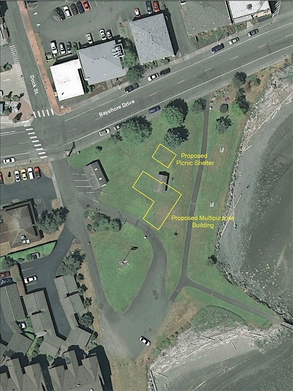 An aerial photo shows the location of a series of improvements being proposed for Flintstone Park in Oak Harbor. The city council put the brakes on the project earlier this week.