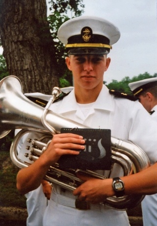 Midshipman Aaron Gavin poses with his euphonium