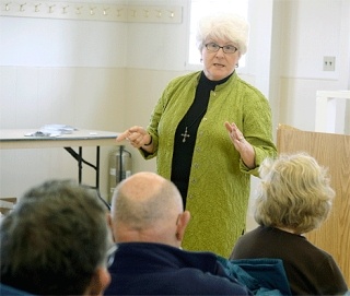 State Sen. Mary Margaret Haugen addresses residents during a town hall meeting Saturday afternoon at the Coupeville Recreation Hall. She announced the state will build additional ferries capable of navigating Keystone Harbor.