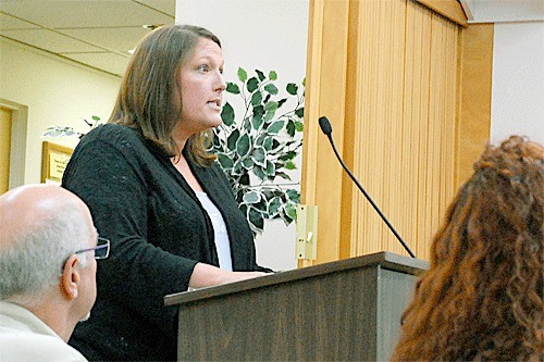 Oak Harbor Chamber of Commerce Executive Director Jill Johnson addresses the Oak Harbor City Council earlier this month about funding a study that could help bring a Freeland shipyard to the Seaplane Base. This week