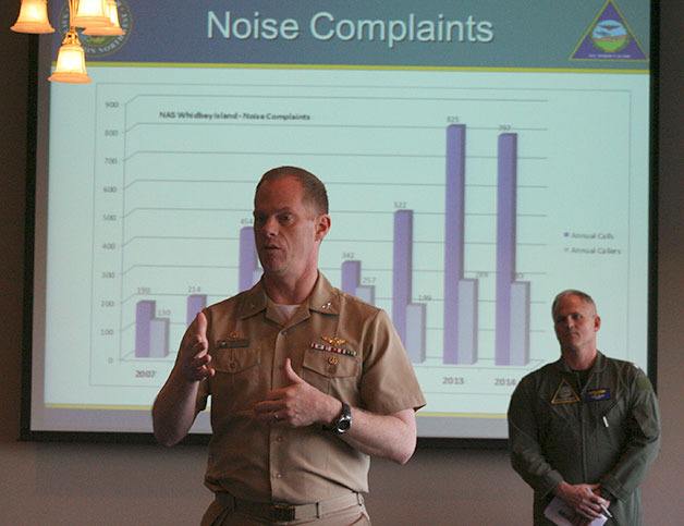 Capt. Mike Nortier discusses the Navy’s effort to mitigate jet noise at Thursday’s Community Leadership Forum with the assistance of Operations Officer Cmdr. Wallace Gaber