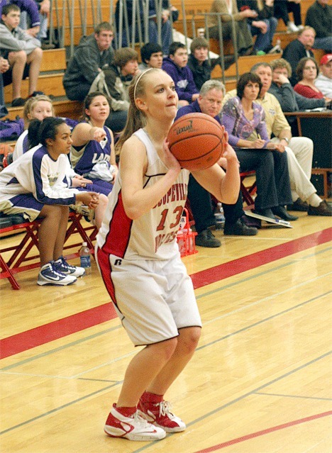 Kendra O’Keefe takes aim on a 3-pointer in Coupeville’s win over Friday Harbor.
