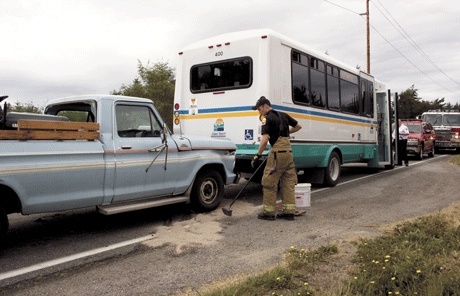 No one was injured in a truck vs. bus collision Thursday morning