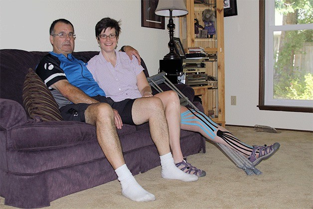 The lives of avid cyclists Merv Wagstaffe and his wife Sharon Lyson have slowed down considerably after she was struck by a vehicle in Oak Harbor June 24. Sharon suffered a tibial plateau fracture of her left knee