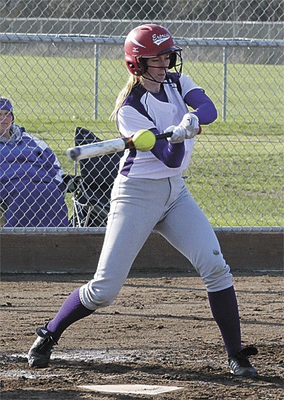 Hannah Salmons gets the bat on the ball in Oak Harbor's loss Friday.