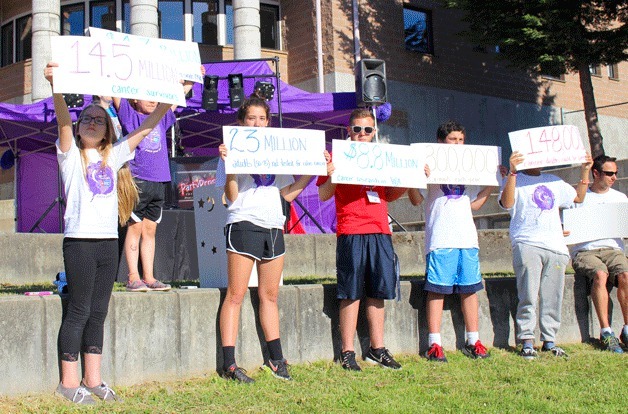 Relay for Life volunteers illustrate the effect of cancer during the opening ceremony Friday.