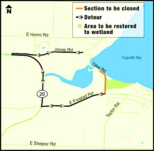 Traffic will be routed away from Dike Road via either E. Frostad Road or Jones Road once the north-south section of Dyke Road is diverted while the dyke under it is rebuilt.