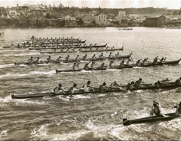 This historic photo offers a glimpse into Penn Cove Water Festivals past. The canoe races have always been an integral part of the event.
