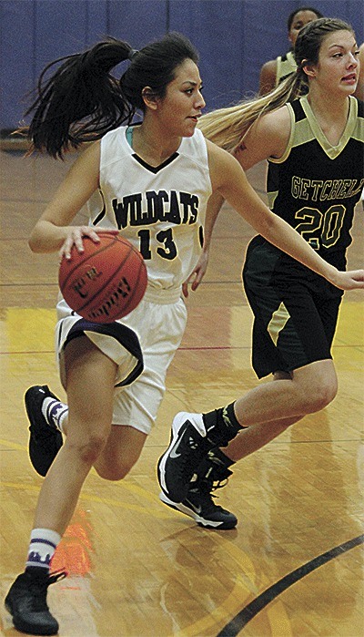 Oak Harbor's Liz Lym drives by Marysville Getchell's Carley Wika Thursday. Lym was one of five seniors playing in her final game for the Wildcats.