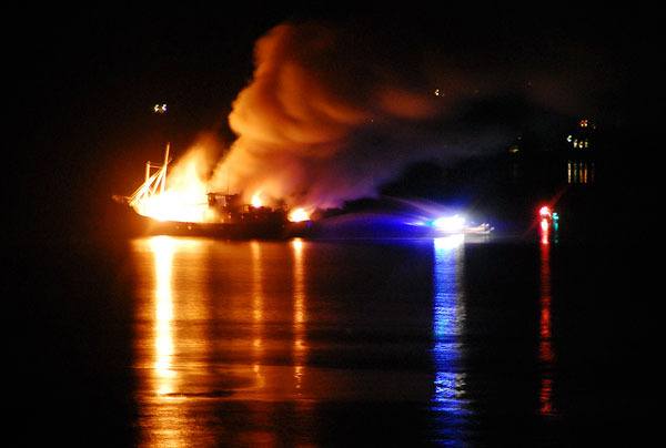 The crab boat Deep Sea burns last spring. Investigators have announced the cause as arson but have no suspects.