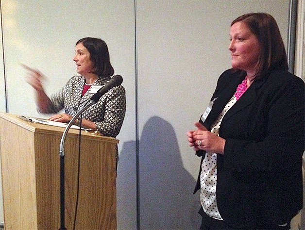 Island County Commissioners Helen Price Johnson and Jill Johnson speak to the Whidbey Island League of Women Voters Thursday.