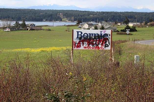 A Bernie Sanders sign located at State Highway 20 and Arnold Road was vandalized last week.