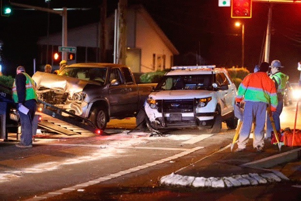Three people sustained minor injury in a collision involving a Washington State Patrol vehicle and a pickup in Oak Harbor Wednesday night.