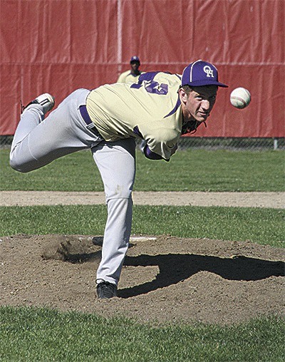 Grant Schroeder lets fly of a pitch at Marysville-Pilchuck Tuesday. Schroeder pitched a five-hitter in the 4-3 loss.