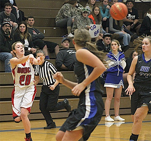 Kacie Kiel (20) fires a pass for Coupeville in the win over South Whidbey Tuesday. The Wolves finished with 14 assists in the game.