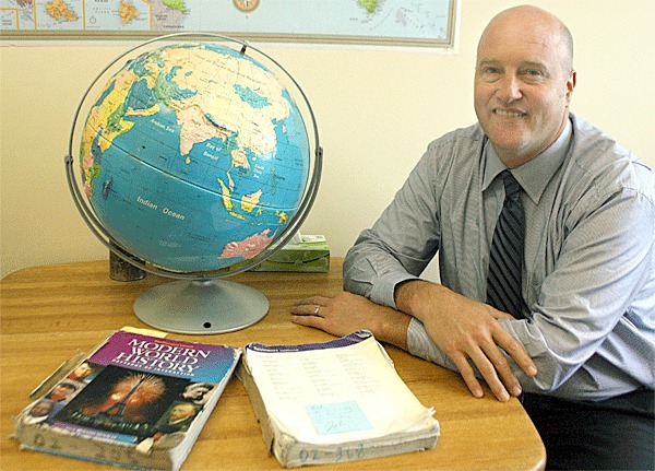 Oak Harbor School District Human Resources Director Kurt Schonberg will present these well-used 2003 world history textbooks at the Oak Harbor School Board’s textbook and technology replacement discussion Oct. 10.