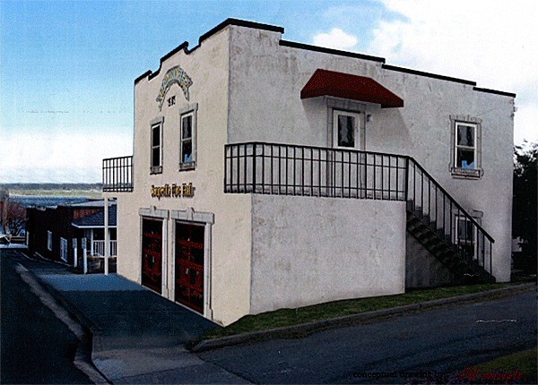 A conceptual drawing reveals what the old fire hall on Alexander Street will look like once exterior renovations are complete. Birch Bay-based Far North Ventures and Coupeville are in the final stages of hammering out a sale agreement.