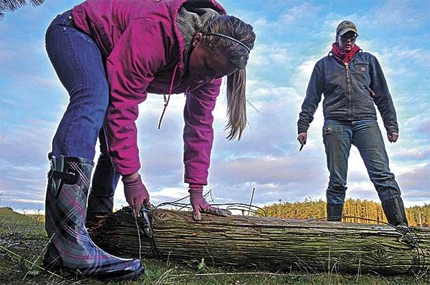 Roshel and Jennifer Muzzall work on a fence at 3 Sisters Family Farms off Scenic Heights Road. Fifth-generation farmers