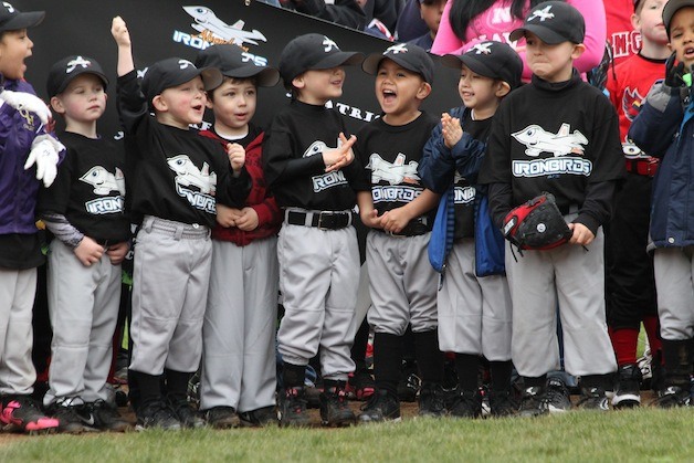 Members of the North Whidbey Little League show their emotions during the annual opening day ceremonies Saturday