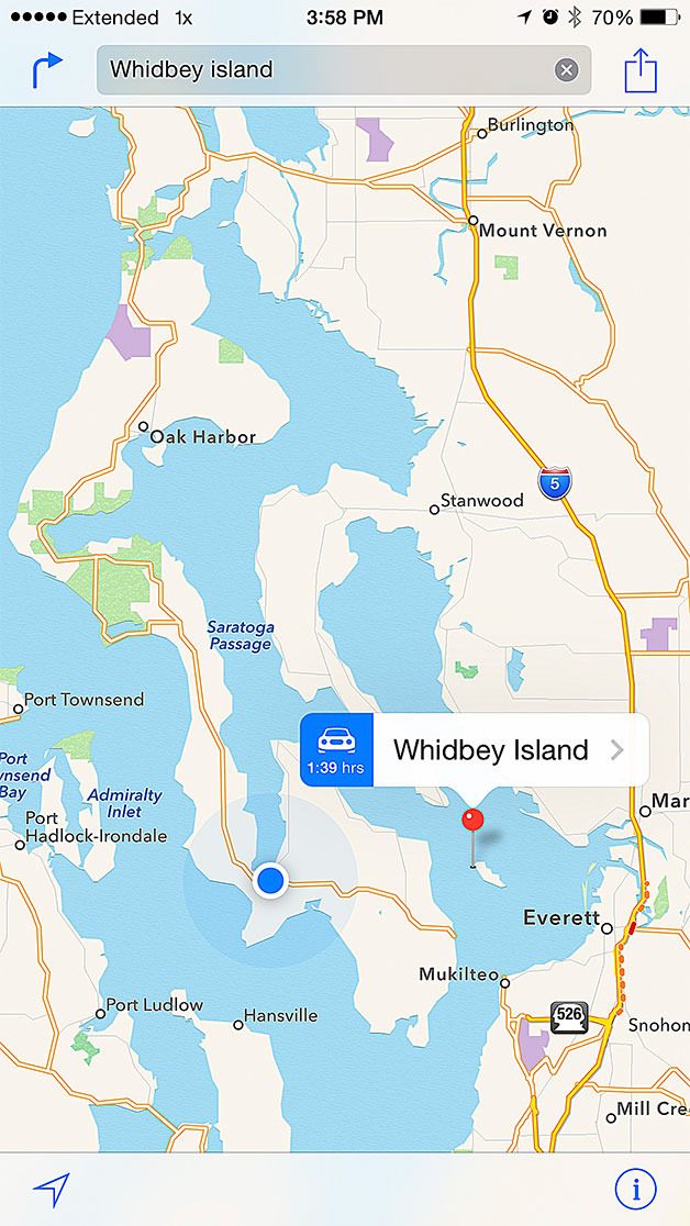 Apple’s mobile map program erroneously shows Whidbey Island on Hat Island.