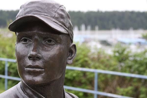 A bronze statue at Veterans Memorial Park stands near the Maui Gate entrance of the Seaplane Base in Oak Harbor. It is a public place to remember those who died serving their country.