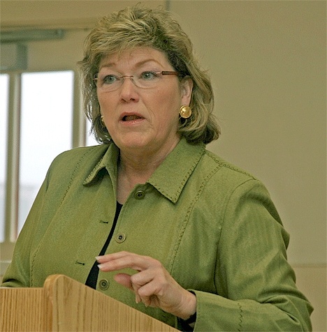 Coupeville Mayor Nancy Conard gives her state of Coupeville address Thursday morning at a Central Whidbey Chamber of Commerce breakfast at the Recreation Hall.