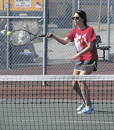 Coupeville's Wynter Thorne fires a shot in a doubles win with Sydney Aparicio over Granite Falls Tuesday. Thorne and Aparicio were named Players of the Match by coach Ken Stange.