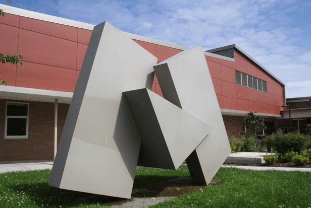 This “W” sculpture in the courtyard of Oak Harbor High School is the school’s major piece of professional art. A campaign by a past high school teacher may change that.