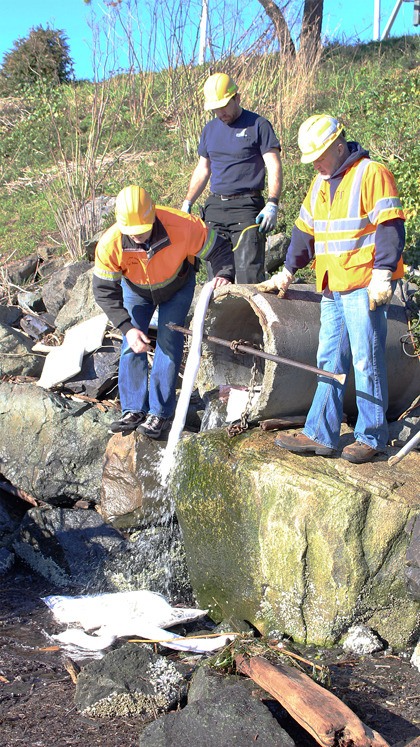 Oak Harbor city workers clear driftwood from an outfall pipe and place absorbent pads to soak up spilled fuel.