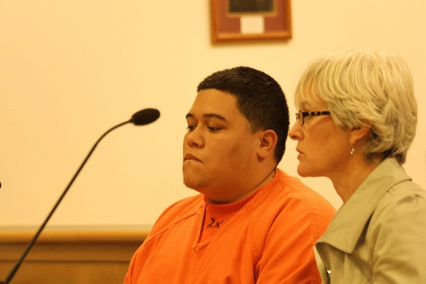 Murder suspect Christopher Malaga appears in Island County Superior Court Wednesday with attorney Jennifer Bouwens.