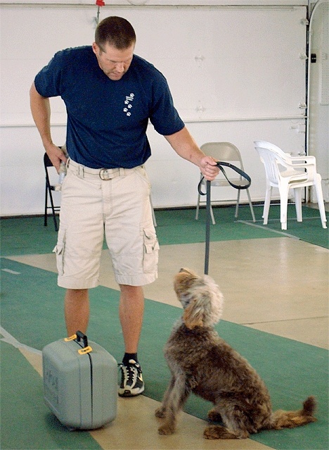 Logan’s new peanut-dog “Roxy” with her trainer in Denver
