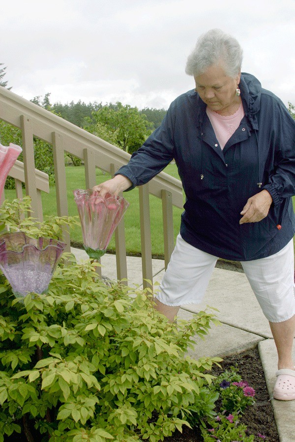 Dellann Blackstock adds another glass bloom to a dwarf flame bush outside her garden tour home. The blooms are made by DuVetros Studios.