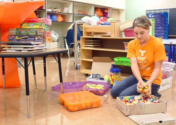 First year teacher Megan Hunt sorts cubes in her classroom at Oak Harbor Elementary. Her classroom is organized around centers for her students.
