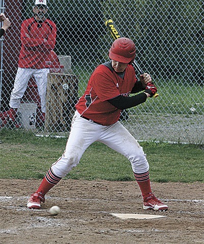 Coupeville's Aaron Trumbull takes a pitch in the dirt in Monday's game with Granite Falls. Trumbull later doubled in the at bat.
