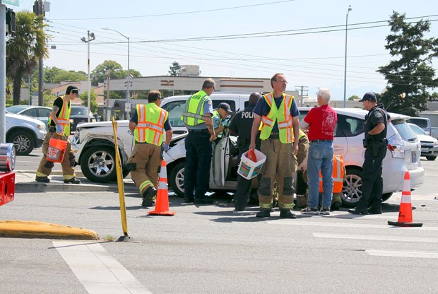 Firefighters and police respond to a two-car accident today.
