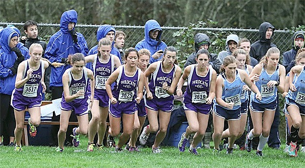 The Oak Harbor girls cross country team (purple uniforms) takes off at the beginning of the district meet Saturday. Alexis Smith