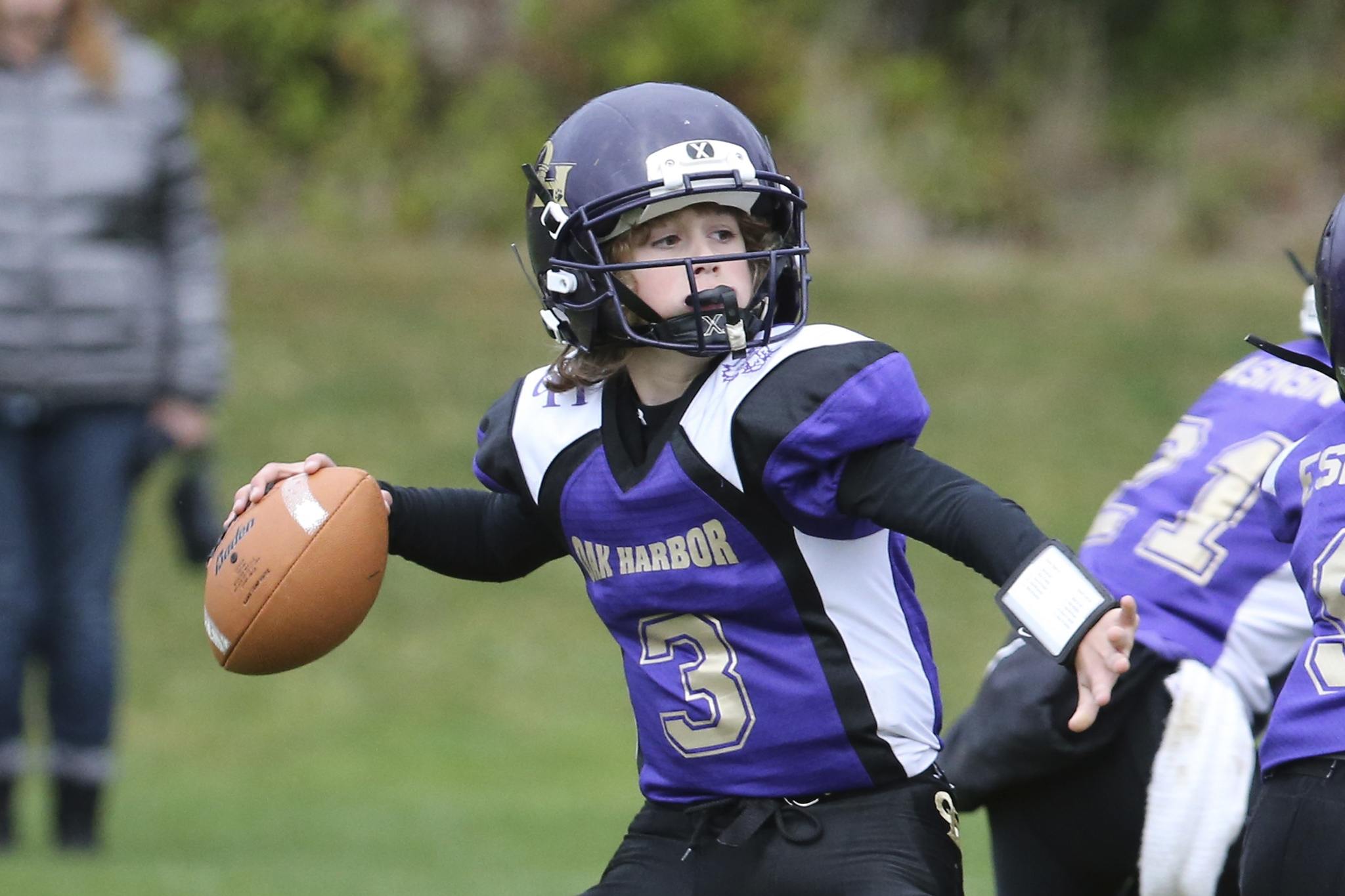 Purple Midget quarterback Tyler Abbott looks for an open receiver. (Photo by John Fisken)