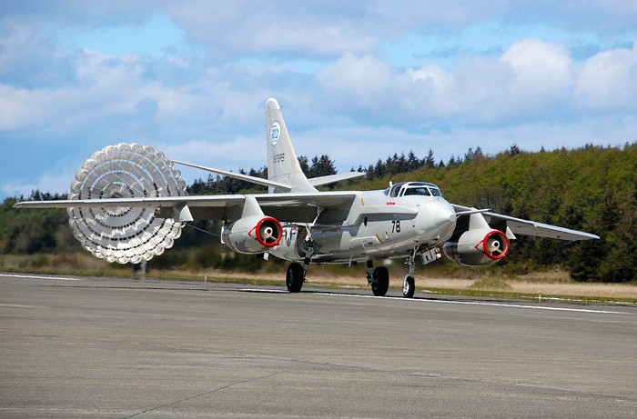 An A-3 Skywarrior lands at Whidbey Island Naval Air Station Friday. The aircraft was the airbase’s first permanently assigned jet and returned to become a static display at the corner of Ault Field Road and Langley Boulevard.