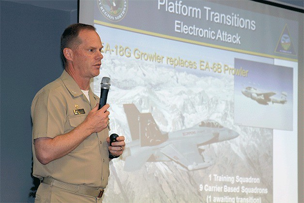 Whidbey Island Naval Air Station commander Capt. Mike Nortier delivers his State of the Station Thursday.