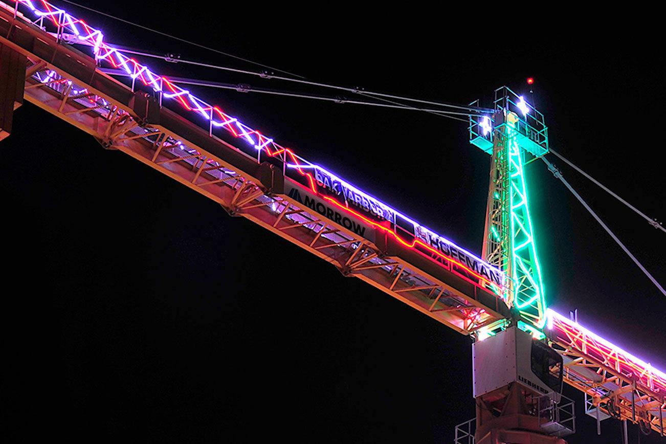 Christmas crane lights over Oak Harbor