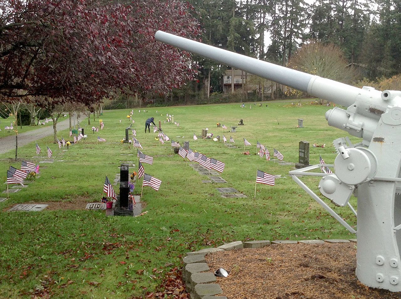 On Saturday, Nov. 5, members of Military Officers Association of America, Oak Harbor High School’s NJROTC and Boy Scout Troops 4059 and 4081 placed about 1,500 flags at the graves of deceased veterans in Island County cemeteries. Flags will be retrieved on Sunday, Nov. 12. This is the fourth year for this annual project. Photo by David G. Cohick