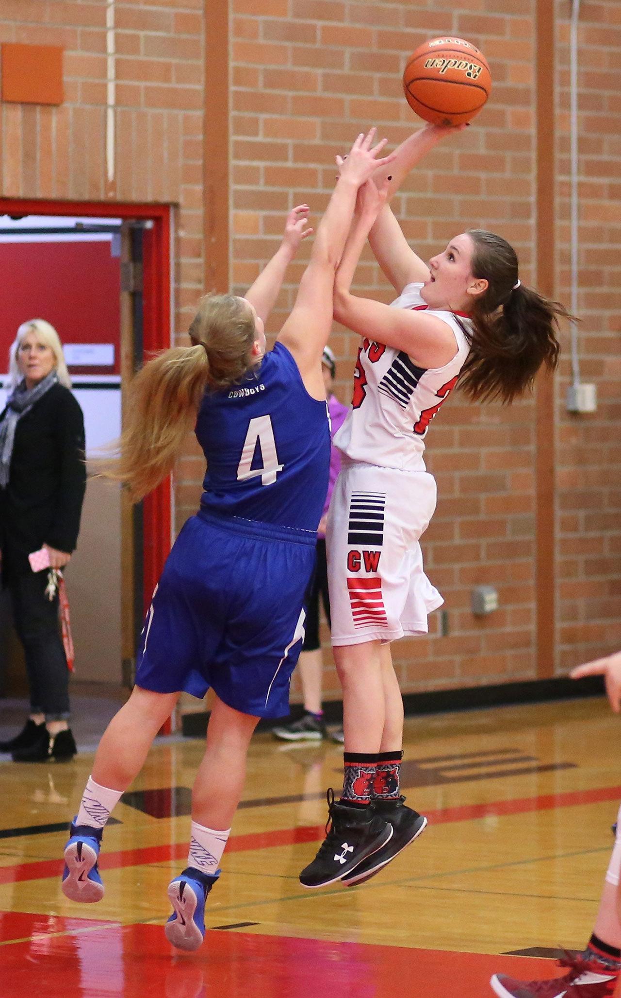 Mikayla Elfrank puts up a shot for Coupeville in Wednesday’s win over Chimacum. (Photo by John Fisken)