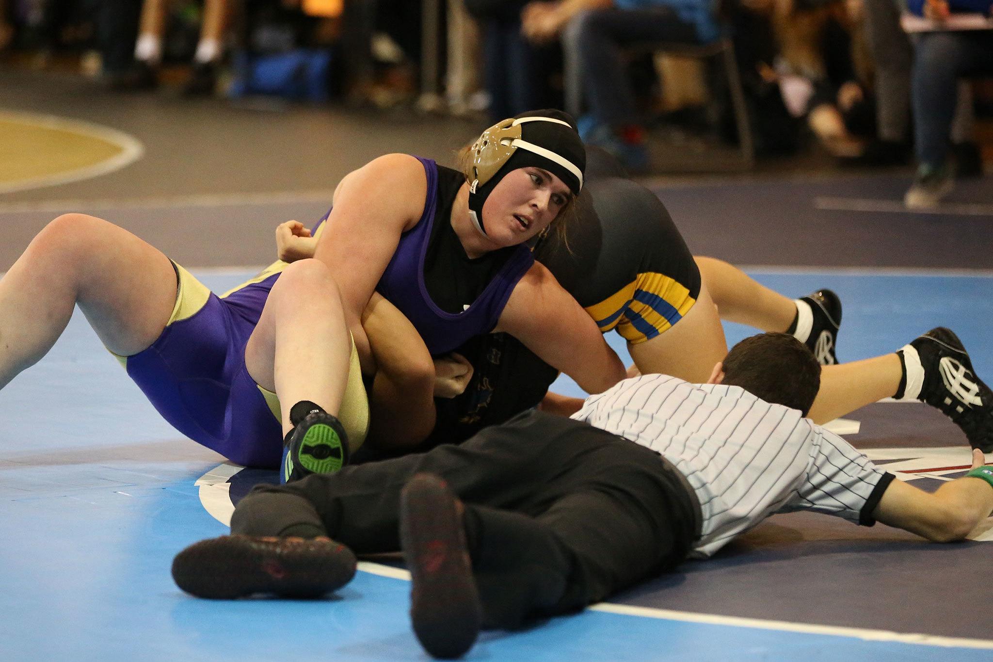 Meredith Bain records one of her two pins on the way to finishing first at the Edmonds Invitational. (Photo by John Fisken)