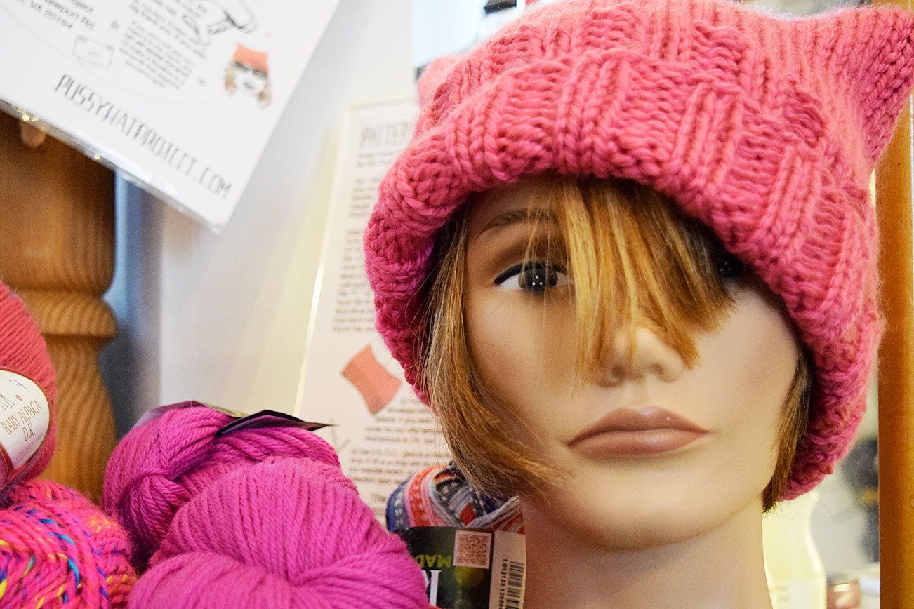 Photo by Patricia Guthrie/Whidbey News-Times                                The many shades of hats made by Peggy Juve on display at Side Market at Bayview Corner. She and many other islanders are knitting and sewing pink hats for people planning to be in a Jan. 21 women’s march.